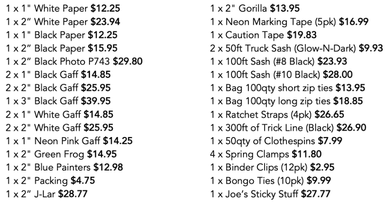 Tapes Ties pricing list